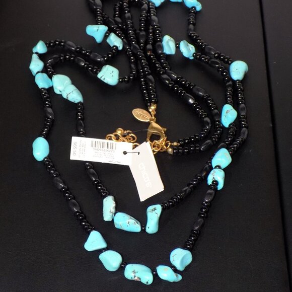 New w/$65.50 Tag Chico's Cayman Black Turquoise Double Strand Beaded Necklace - Picture 1 of 9